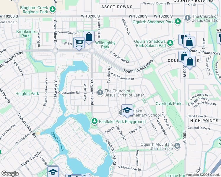 map of restaurants, bars, coffee shops, grocery stores, and more near 10608 Topview Road in South Jordan