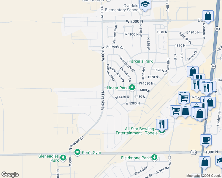 map of restaurants, bars, coffee shops, grocery stores, and more near 1529 Colavito Way in Tooele