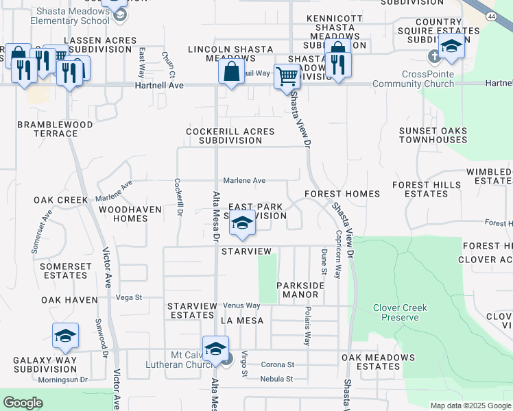 map of restaurants, bars, coffee shops, grocery stores, and more near 2330 Suzette Avenue in Redding