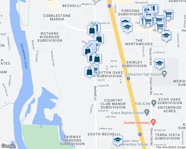 map of restaurants, bars, coffee shops, grocery stores, and more near 3371 Bechelli Lane in Redding