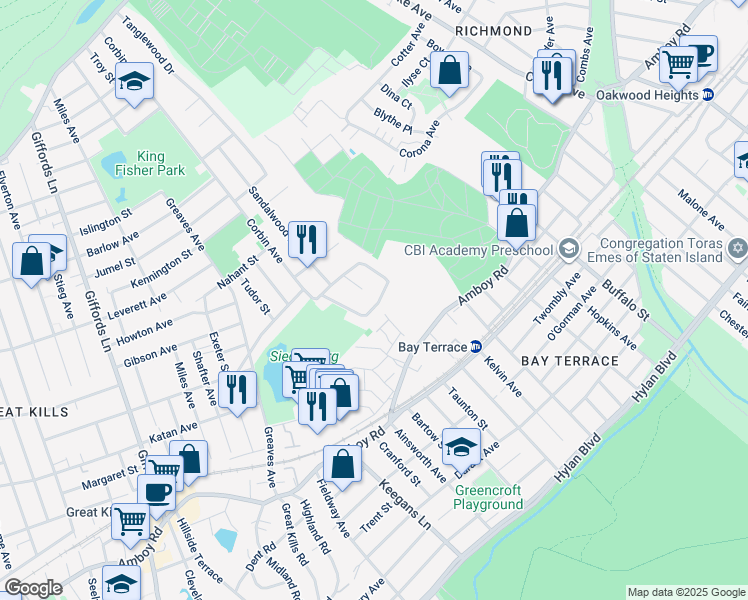 map of restaurants, bars, coffee shops, grocery stores, and more near 82 Evergreen Street in Staten Island