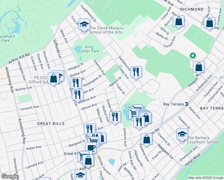map of restaurants, bars, coffee shops, grocery stores, and more near 73 Nahant Street in Staten Island