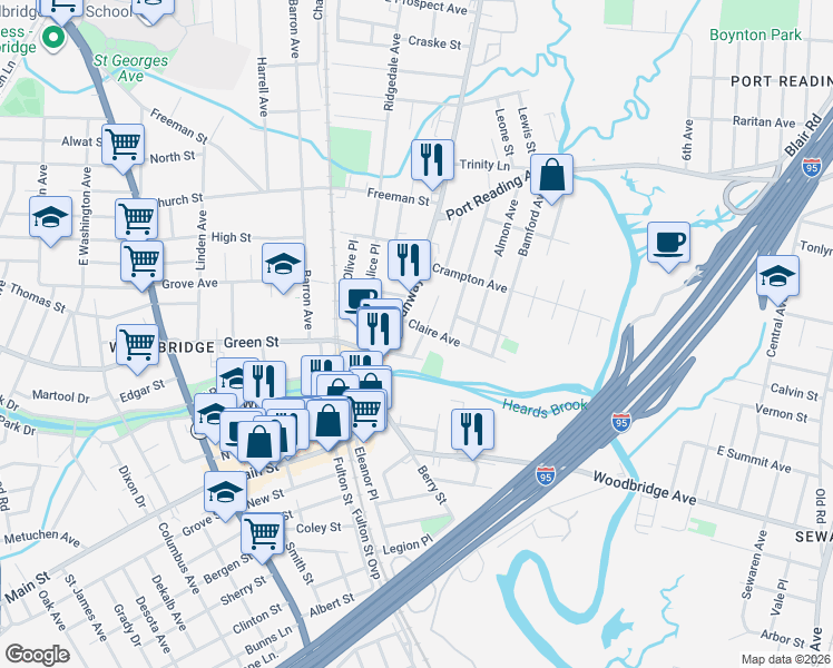 map of restaurants, bars, coffee shops, grocery stores, and more near 501 Rahway Avenue in Woodbridge Township