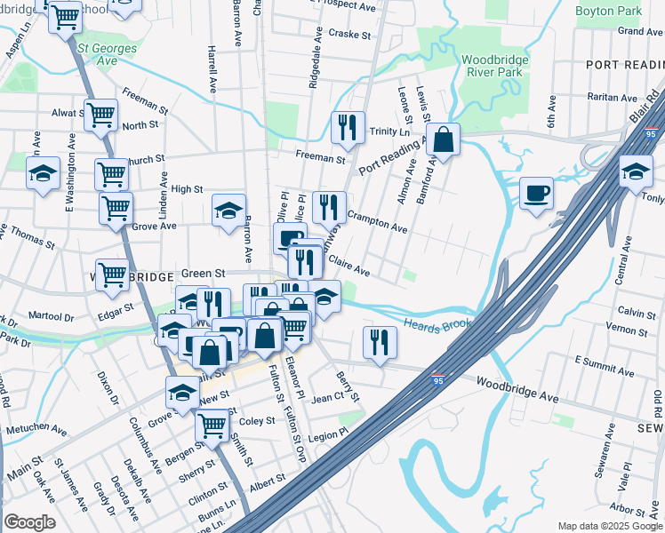 map of restaurants, bars, coffee shops, grocery stores, and more near 501 Rahway Avenue in Woodbridge Township