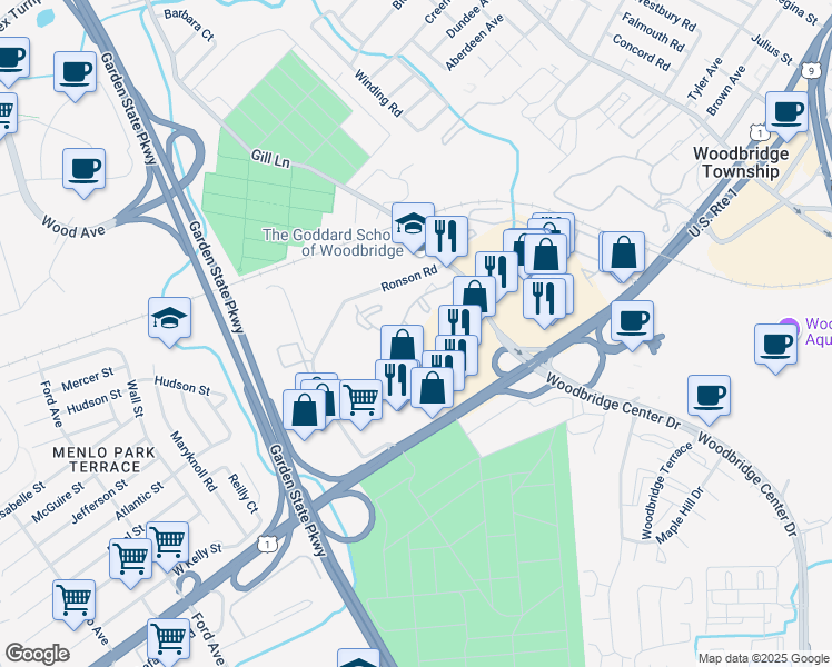 map of restaurants, bars, coffee shops, grocery stores, and more near 2006 Woodbridge Commons Way in Woodbridge Township