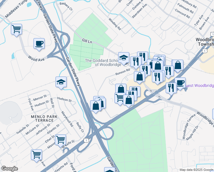 map of restaurants, bars, coffee shops, grocery stores, and more near in Woodbridge Township