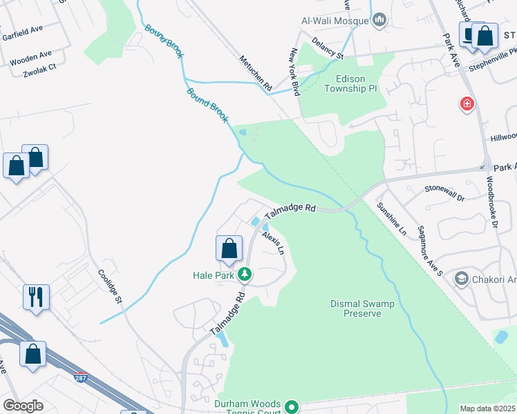 map of restaurants, bars, coffee shops, grocery stores, and more near 283 Prestwick Way in Edison