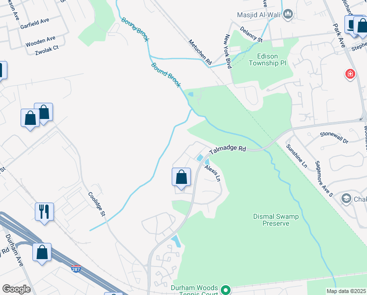 map of restaurants, bars, coffee shops, grocery stores, and more near 253 Prestwick Way in Edison