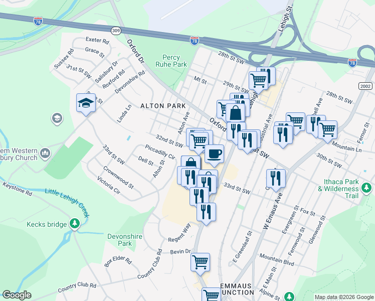 map of restaurants, bars, coffee shops, grocery stores, and more near 3131 Arcadia Avenue in Allentown
