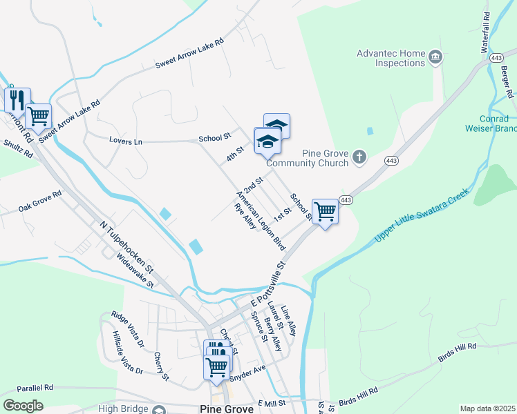 map of restaurants, bars, coffee shops, grocery stores, and more near 115 American Legion Boulevard in Pine Grove