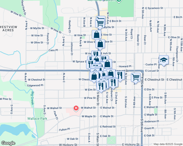 map of restaurants, bars, coffee shops, grocery stores, and more near 65-75 W Locust St in Canton
