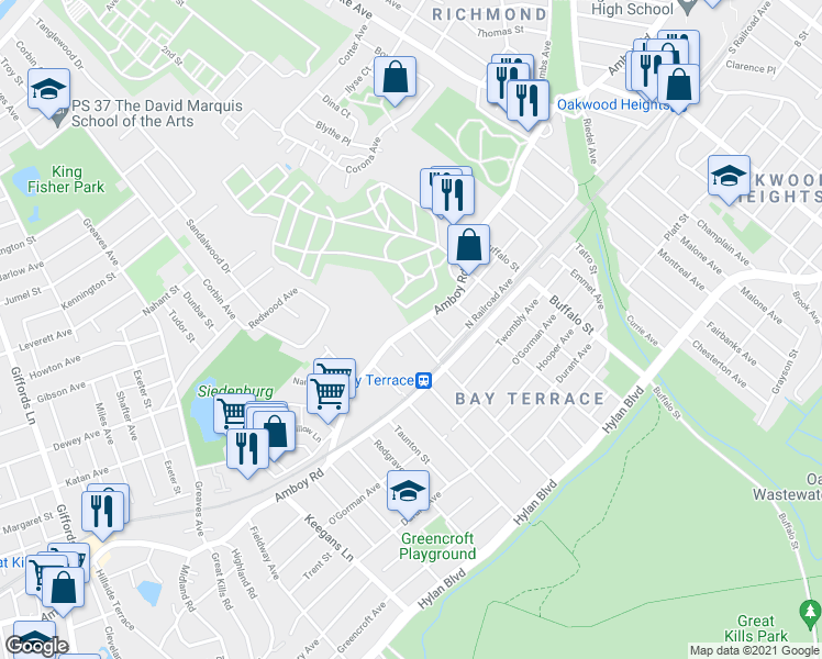 map of restaurants, bars, coffee shops, grocery stores, and more near 2 Justin Avenue in Staten Island