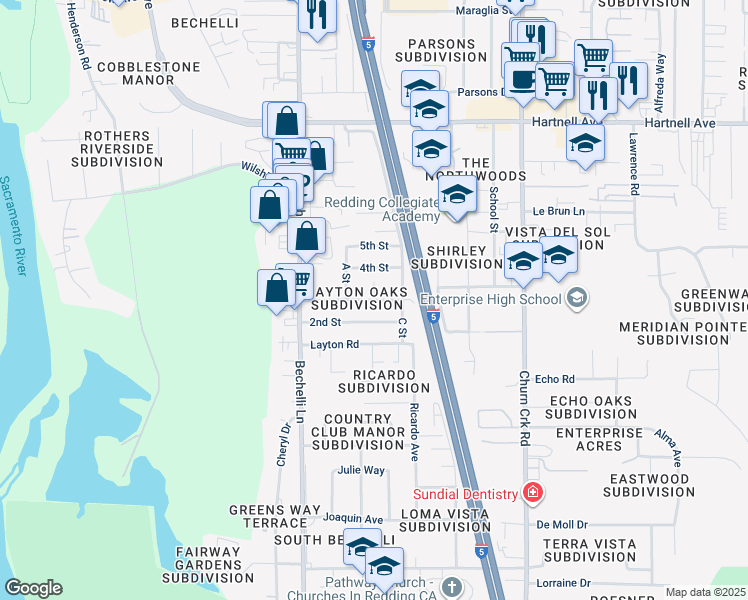 map of restaurants, bars, coffee shops, grocery stores, and more near 1727 B Street in Redding