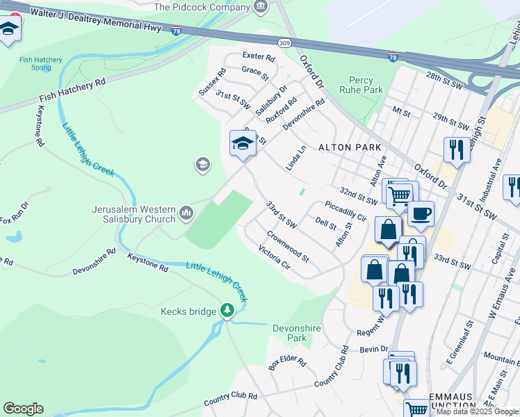 map of restaurants, bars, coffee shops, grocery stores, and more near 1659 Victoria Circle in Allentown