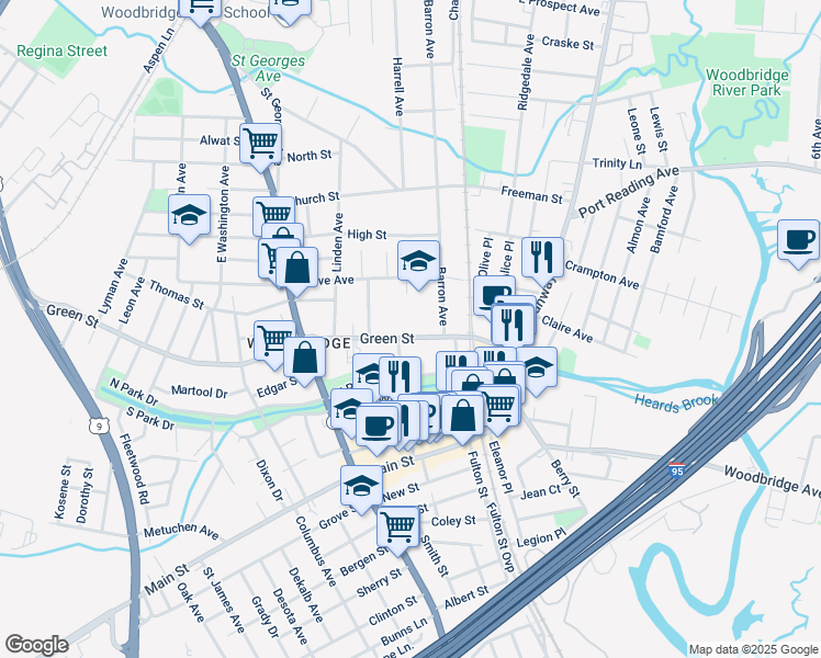 map of restaurants, bars, coffee shops, grocery stores, and more near 72 Green Street in Woodbridge Township