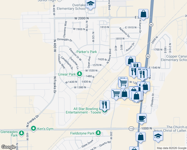 map of restaurants, bars, coffee shops, grocery stores, and more near 124 West 1480 North in Tooele