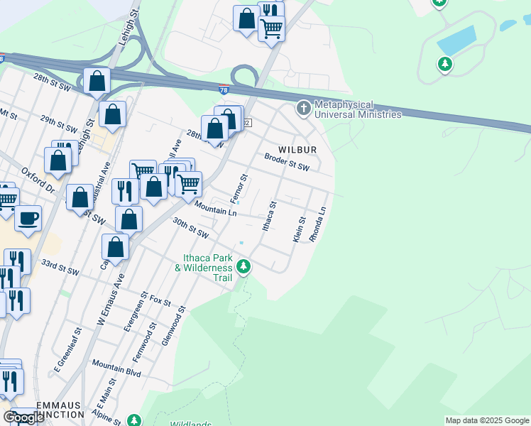 map of restaurants, bars, coffee shops, grocery stores, and more near 2557 Mountain Lane in Allentown