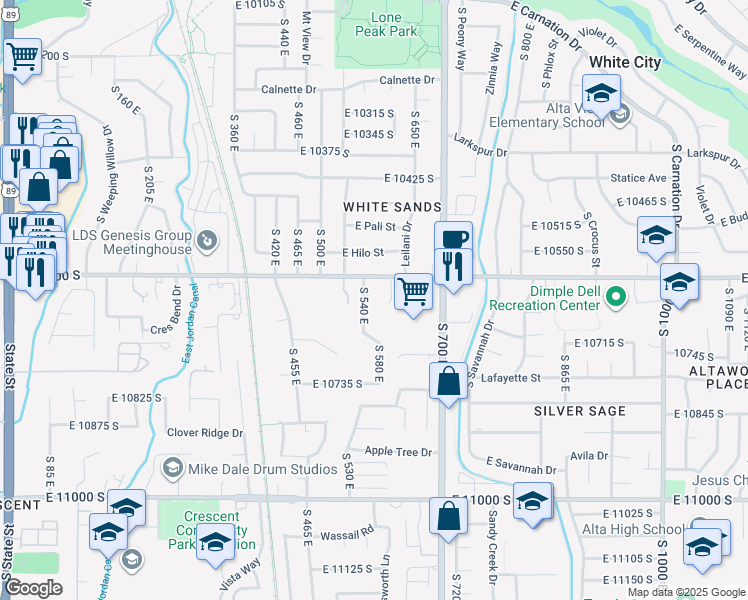 map of restaurants, bars, coffee shops, grocery stores, and more near 10641 South 540 East in Sandy