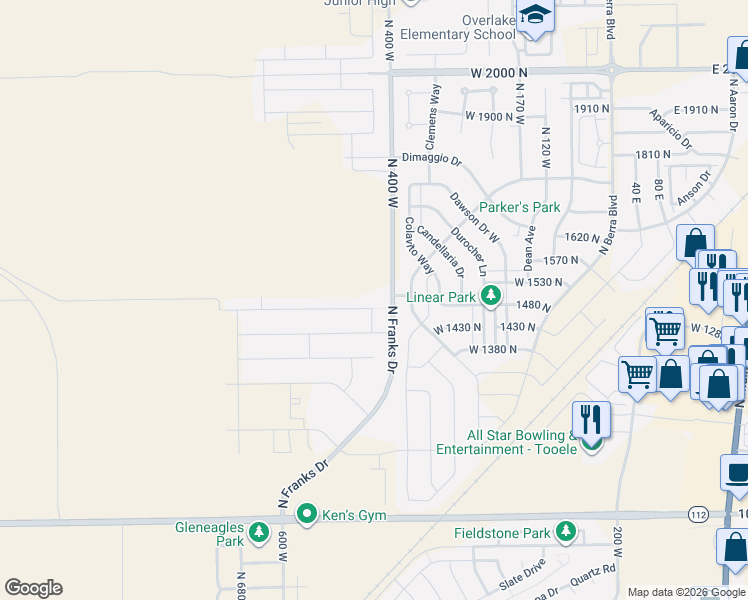 map of restaurants, bars, coffee shops, grocery stores, and more near 432 West 1470 North in Tooele