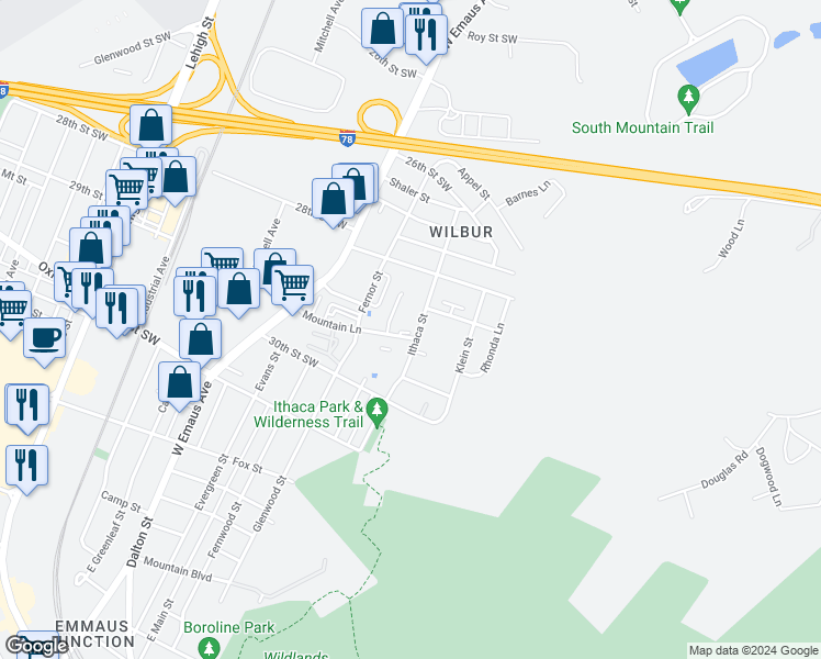 map of restaurants, bars, coffee shops, grocery stores, and more near 2555 Mountain Lane in Allentown