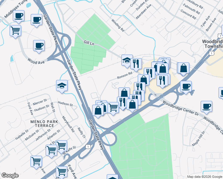 map of restaurants, bars, coffee shops, grocery stores, and more near in Woodbridge Township