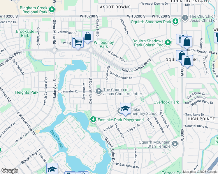 map of restaurants, bars, coffee shops, grocery stores, and more near 10608 Topview Road in South Jordan