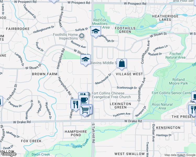map of restaurants, bars, coffee shops, grocery stores, and more near 2125 Sheffield Drive in Fort Collins
