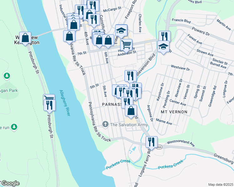 map of restaurants, bars, coffee shops, grocery stores, and more near 437 Freeport Street in New Kensington