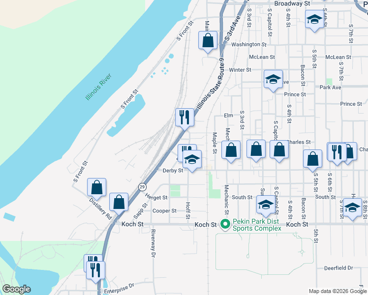 map of restaurants, bars, coffee shops, grocery stores, and more near 1006 Dell Avenue in Pekin