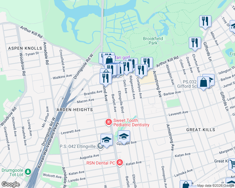 map of restaurants, bars, coffee shops, grocery stores, and more near 532 Eltingville Boulevard in Staten Island