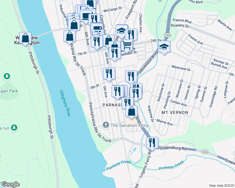map of restaurants, bars, coffee shops, grocery stores, and more near 437 Freeport Street in New Kensington