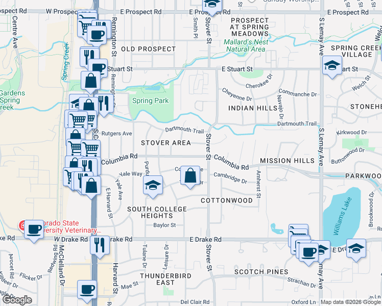 map of restaurants, bars, coffee shops, grocery stores, and more near 513 Duke Lane in Fort Collins