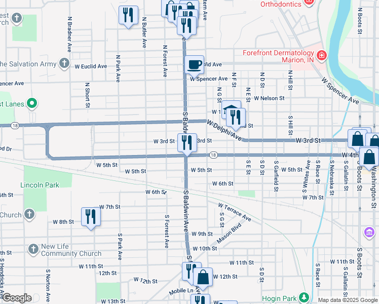 map of restaurants, bars, coffee shops, grocery stores, and more near 1333 W 3rd St in Marion