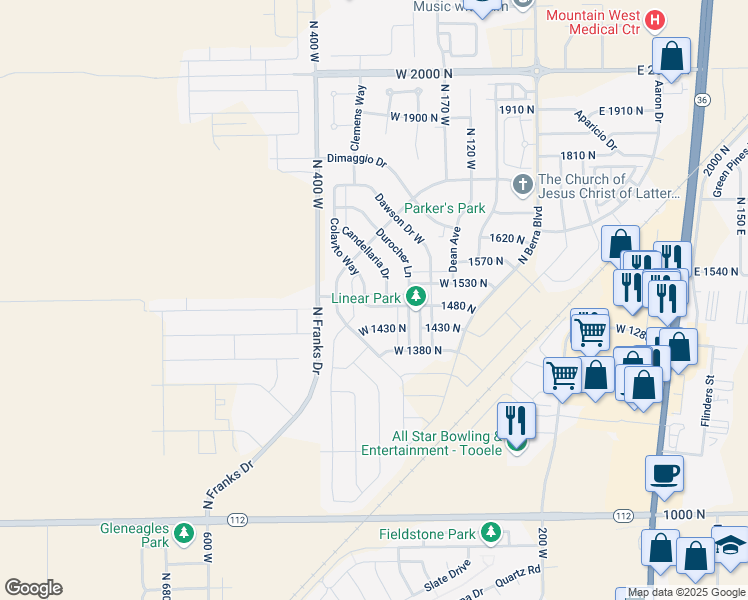 map of restaurants, bars, coffee shops, grocery stores, and more near 300 West 1480 North in Tooele