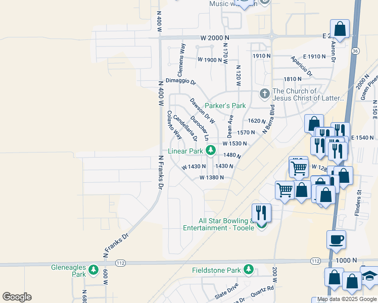map of restaurants, bars, coffee shops, grocery stores, and more near 300 West 1480 North in Tooele