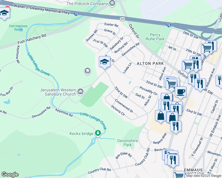 map of restaurants, bars, coffee shops, grocery stores, and more near 1659 Victoria Circle in Allentown