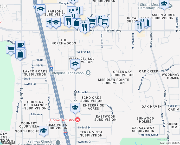 map of restaurants, bars, coffee shops, grocery stores, and more near 3411 Churn Creek Road in Redding
