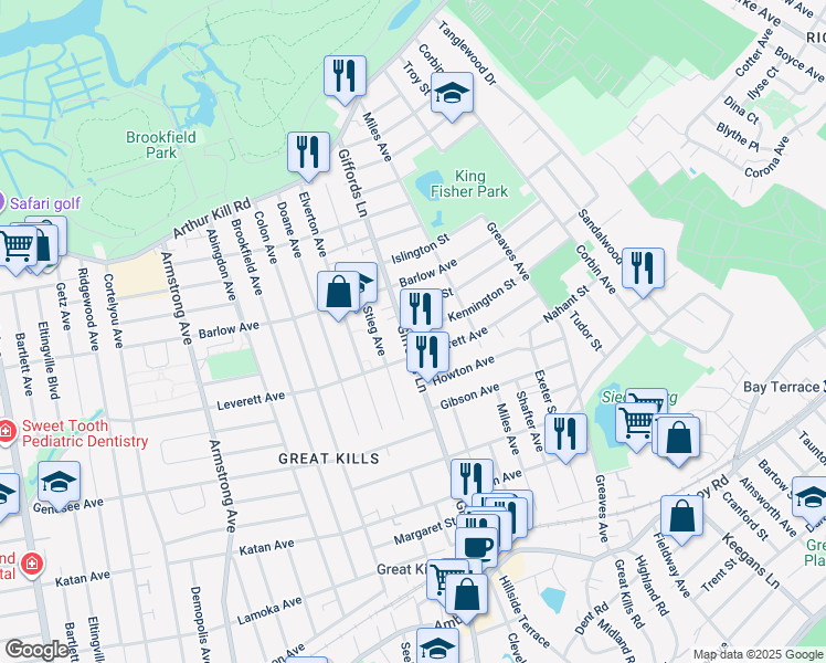 map of restaurants, bars, coffee shops, grocery stores, and more near 179 Kennington Street in Staten Island