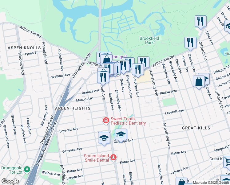 map of restaurants, bars, coffee shops, grocery stores, and more near 532 Eltingville Boulevard in Staten Island