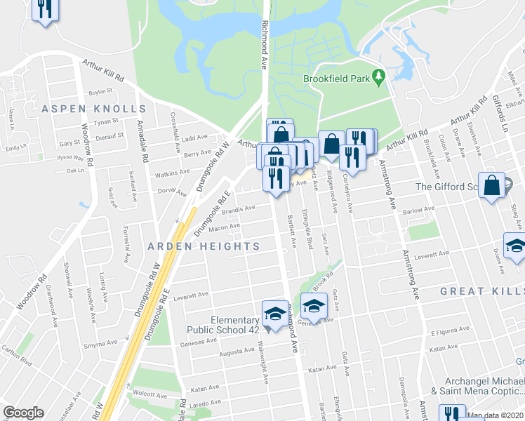 map of restaurants, bars, coffee shops, grocery stores, and more near 31 Brandis Avenue in Staten Island