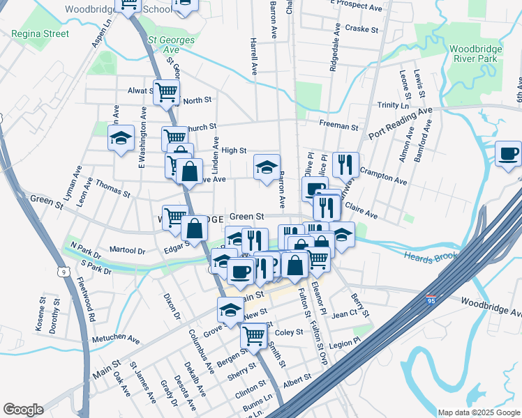 map of restaurants, bars, coffee shops, grocery stores, and more near 72 Green Street in Woodbridge Township