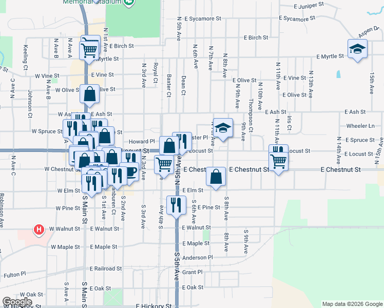 map of restaurants, bars, coffee shops, grocery stores, and more near 601-699 E Locust St in Canton
