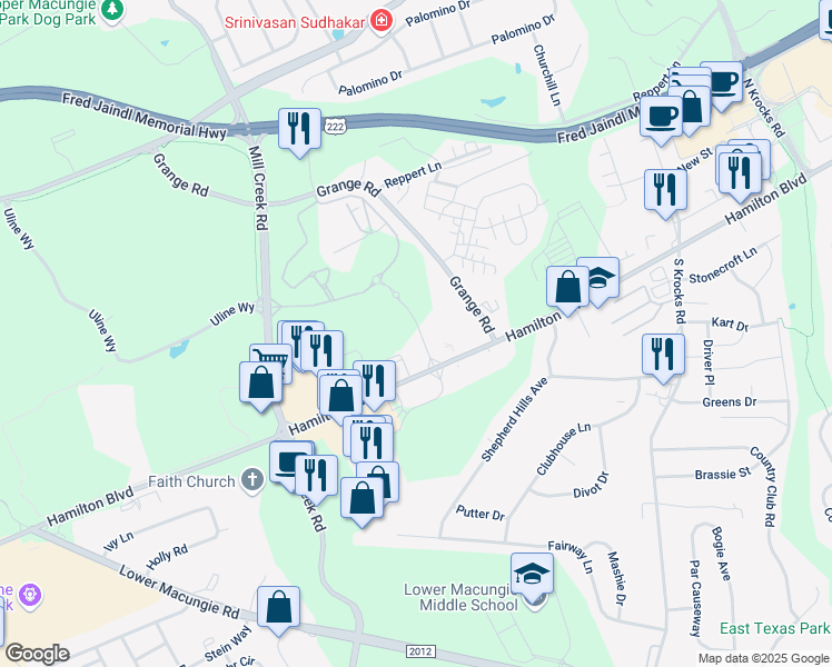 map of restaurants, bars, coffee shops, grocery stores, and more near 6161 Hamilton Boulevard in Allentown