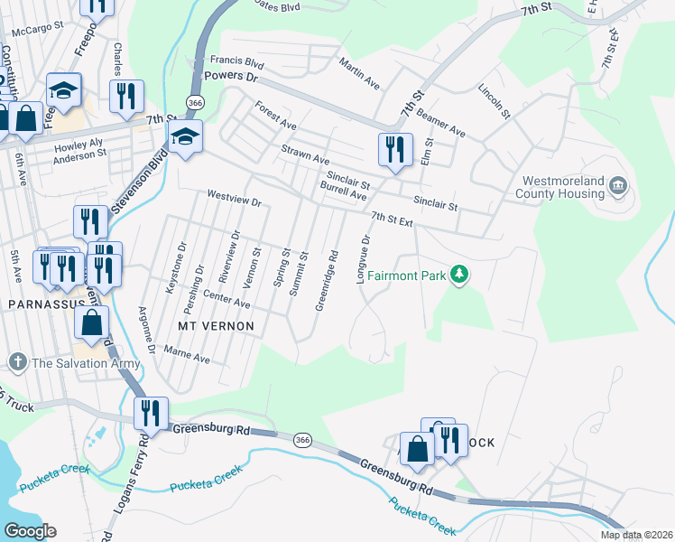 map of restaurants, bars, coffee shops, grocery stores, and more near 537 Longvue Drive in New Kensington