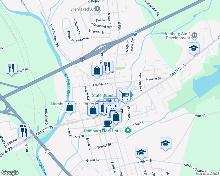 map of restaurants, bars, coffee shops, grocery stores, and more near 158 North 5th Street in Hamburg