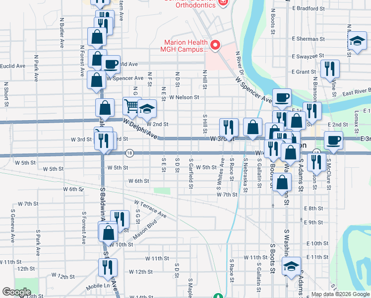 map of restaurants, bars, coffee shops, grocery stores, and more near 725 West 3rd Street in Marion