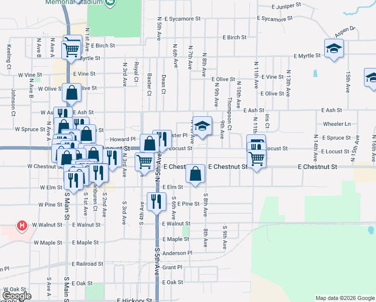 map of restaurants, bars, coffee shops, grocery stores, and more near 601-699 E Locust St in Canton