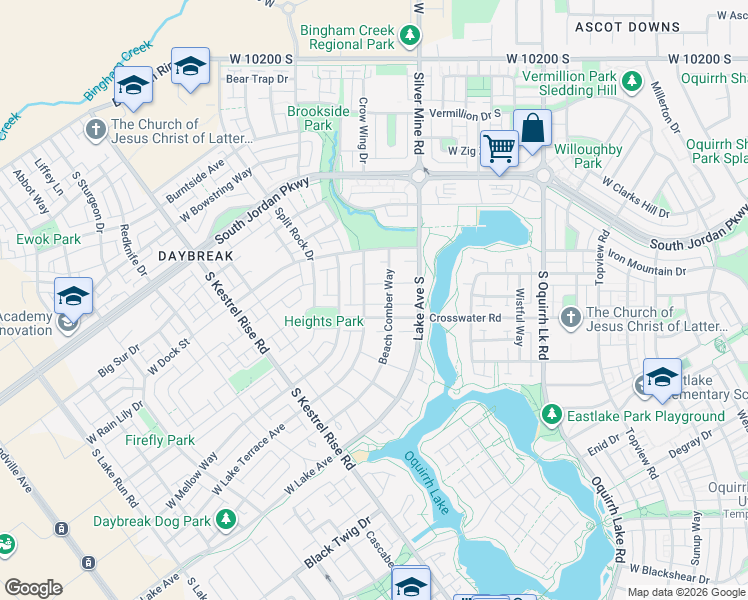 map of restaurants, bars, coffee shops, grocery stores, and more near 10622 Beach Comber Way in South Jordan
