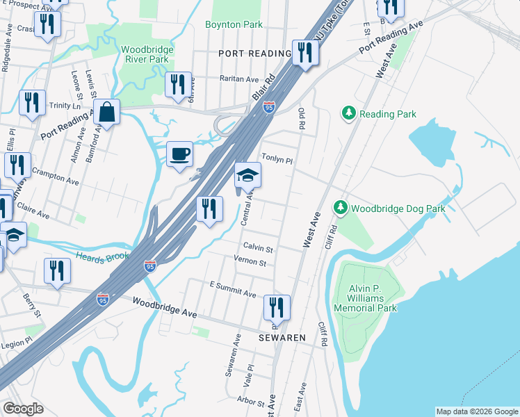map of restaurants, bars, coffee shops, grocery stores, and more near 10 Bailey Place in Woodbridge Township