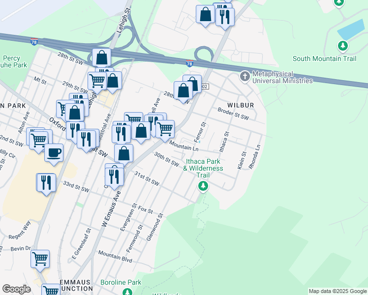 map of restaurants, bars, coffee shops, grocery stores, and more near 2466 Mountain Lane in Allentown